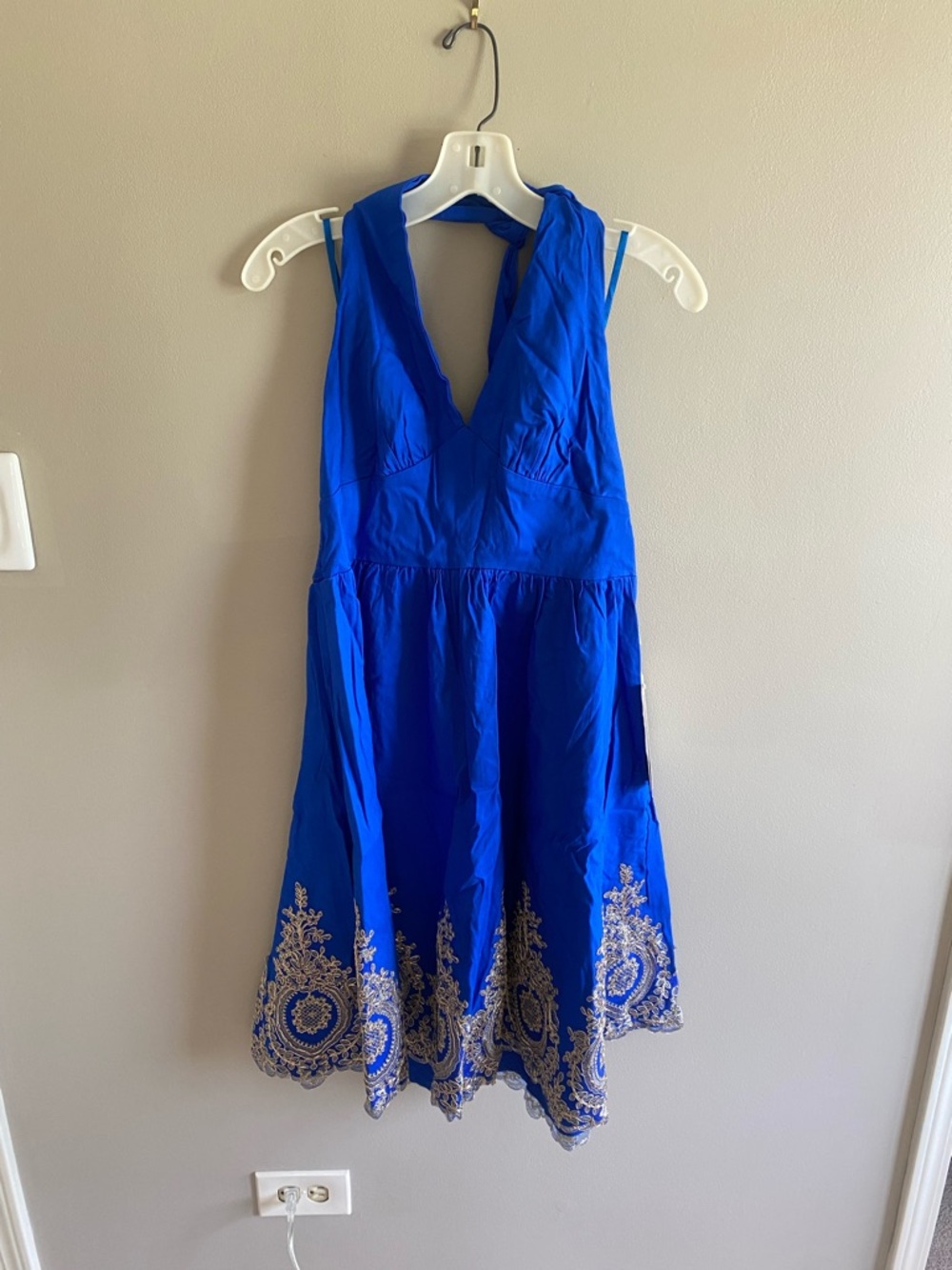 Deep Blue Halter Midi Dress‎ with Gold Embroidered Hem - Picture 3 of 11
